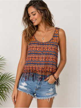 Guess Boho Fringe Tank Top Orange Blue Tribal Print Sleeveless M